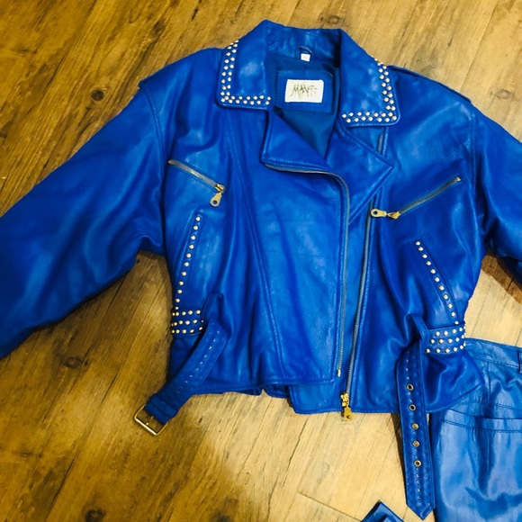 Manart Vintage Blue Leather Jacket and Pant Set! Size Large Jacket Size 10 Pant - Picture 4 of 14